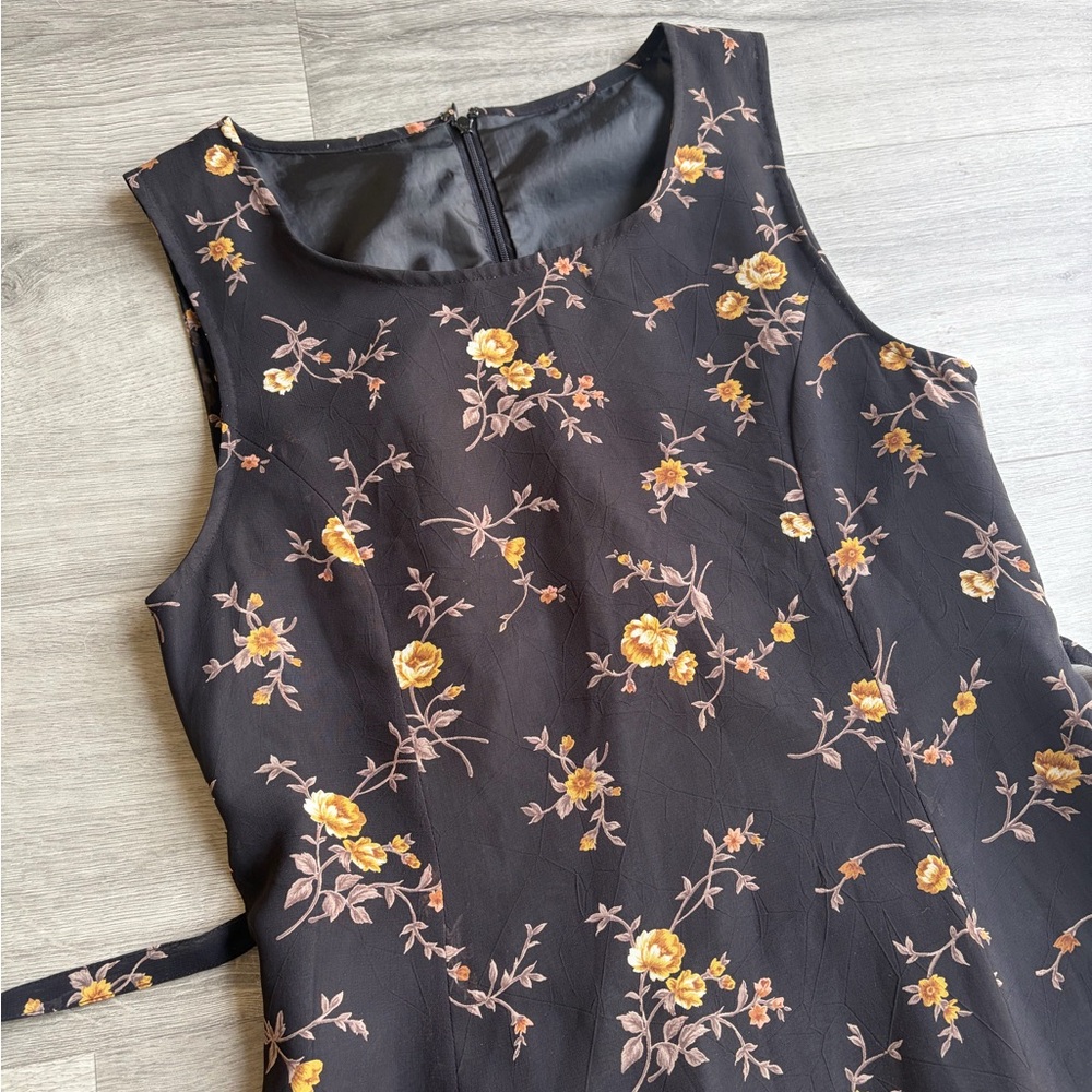 90s Floral Sleeveless Dress - Black and Yellow with side ties